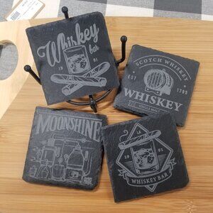 Whiskey-Themed Slate Coaster Set (4-Piece, Square, with Black Wire Stand)